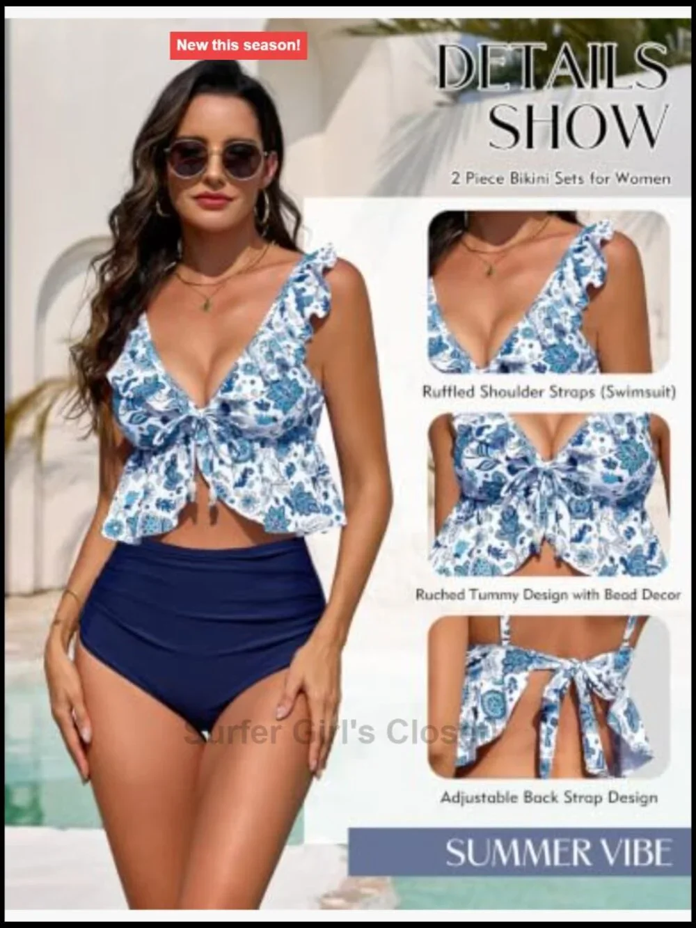 Ruffle Bikini Set High Waist Tummy Control Two Piece Tie Back Adjustable Straps
